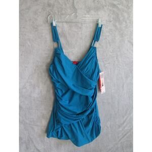 Spanx Blue Draped Ruched One Piece Swimsuit Size 12 Underwire Cup Control Cruise